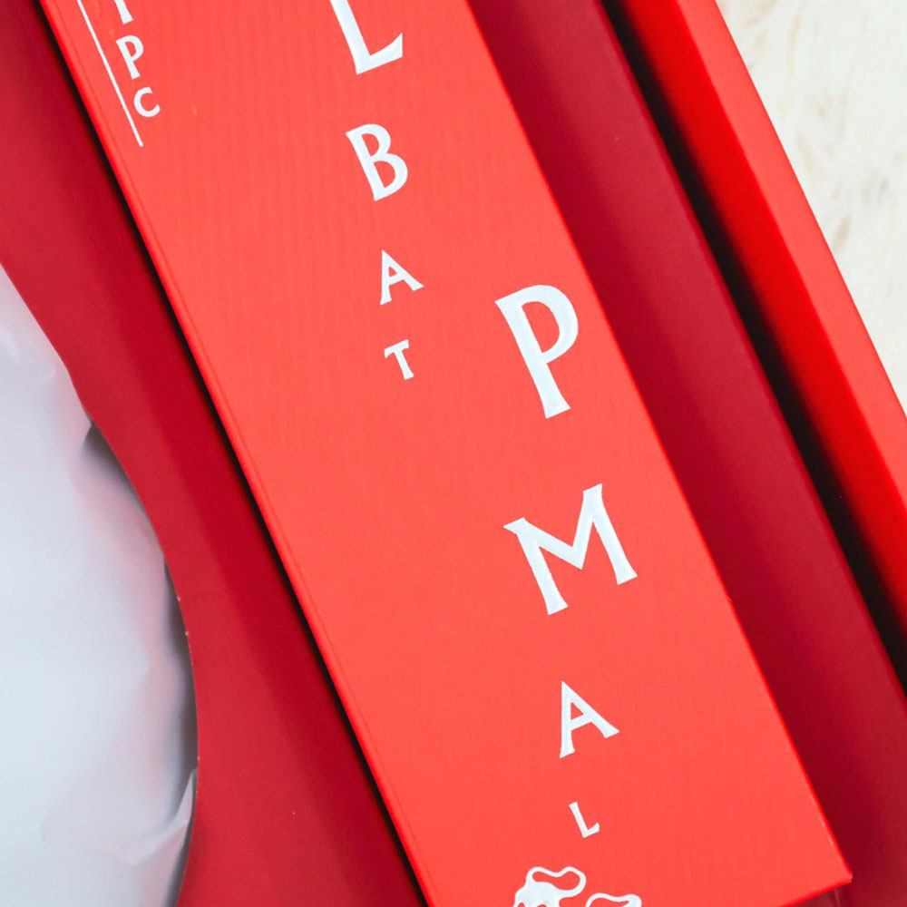 red rigid gift box with rope handle and silver foil stamping for festive holiday packaging