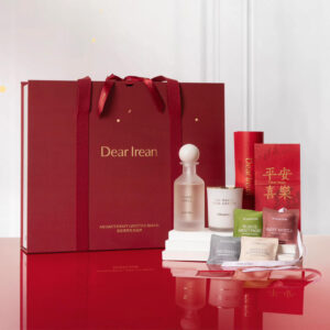 luxury red rigid gift box with blind box style compartments and insert for aromatherapy and candle gift packaging