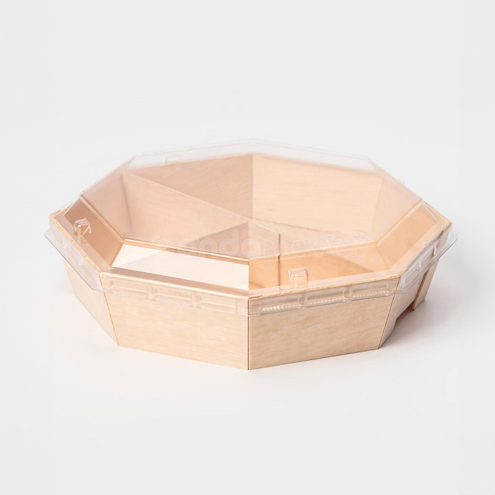 biodegradable wooden bento box with compartments and clear lid