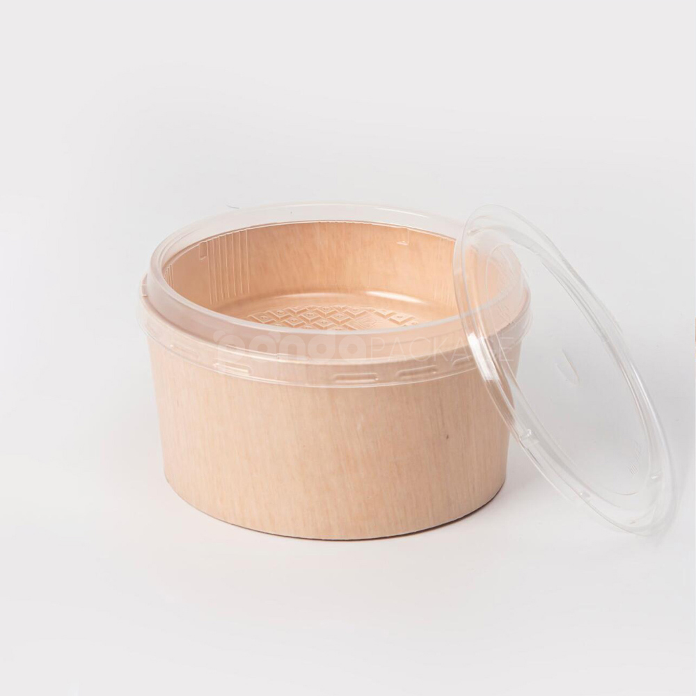 biodegradable wooden bento box with compartments and clear lid