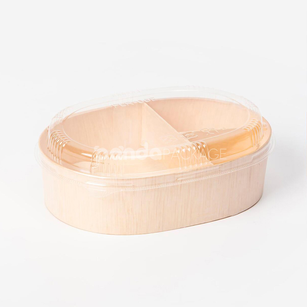 biodegradable wooden bento box with compartments and clear lid