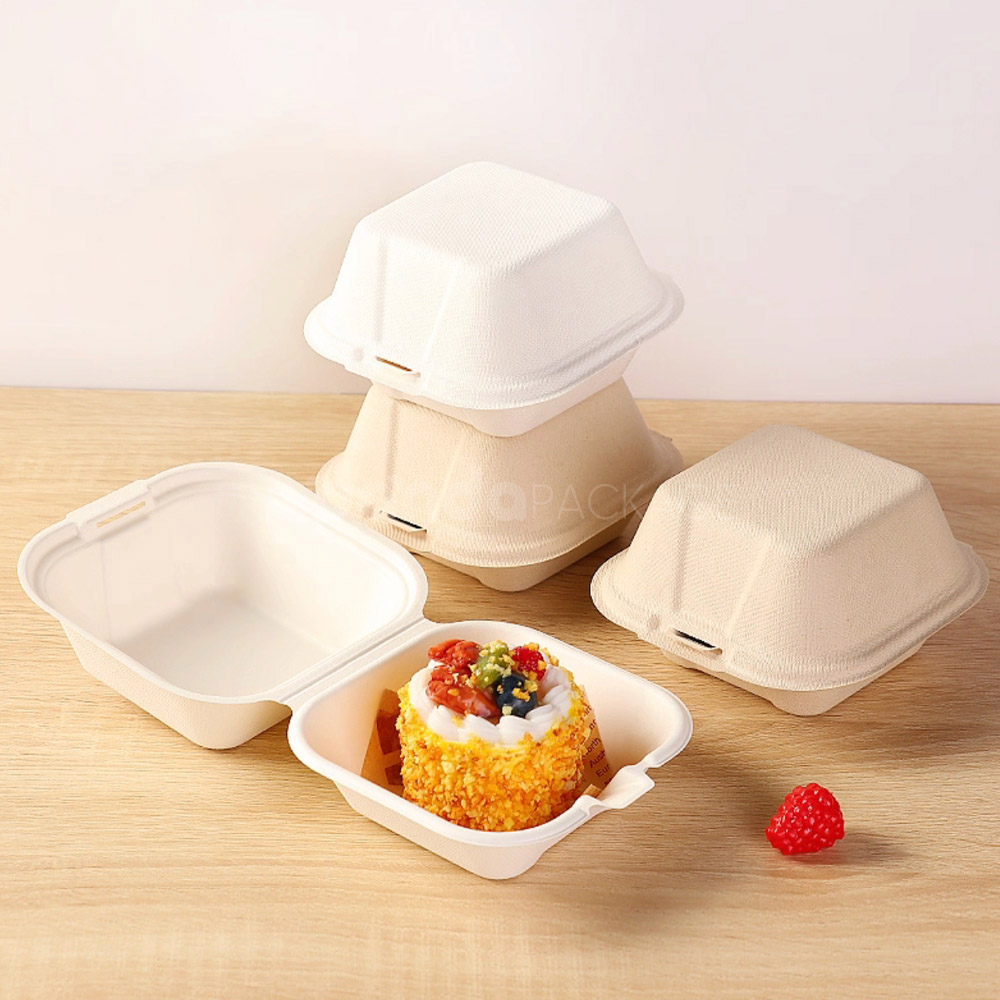 biodegradable sugarcane pulp food box with hinged lid for cake and dessert packaging