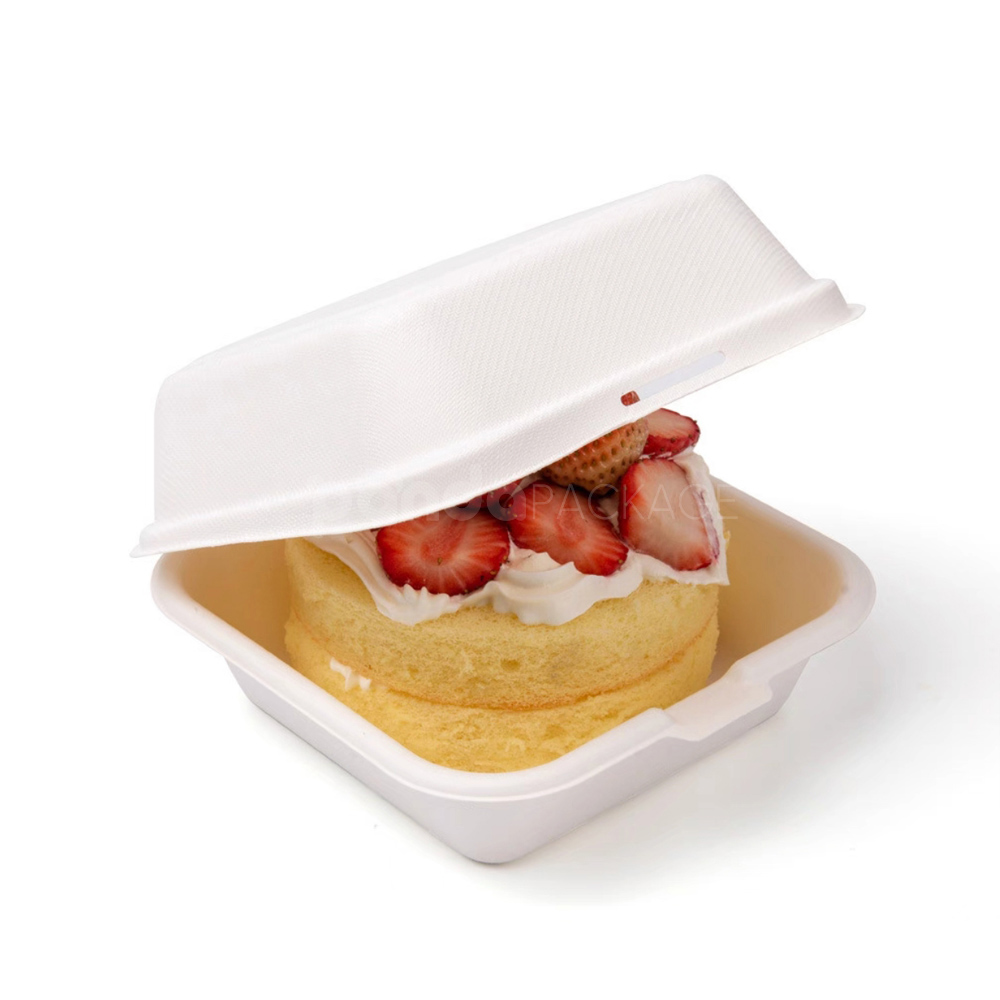 biodegradable sugarcane pulp food box with hinged lid for cake and dessert packaging