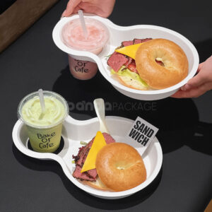 biodegradable paper pulp food tray with cup holder for sandwich and drinks