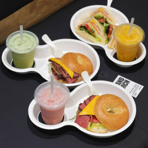 biodegradable paper pulp food tray with cup holder for sandwich and drinks