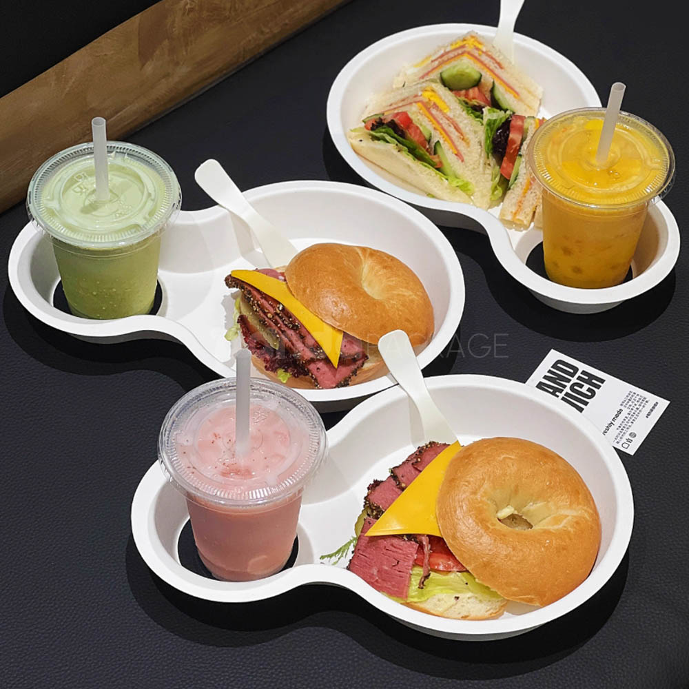 biodegradable paper pulp food tray with cup holder for sandwich and drinks