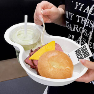 biodegradable paper pulp food tray with cup holder for sandwich and drinks
