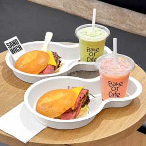 biodegradable paper pulp food tray with cup holder for sandwich and drinks