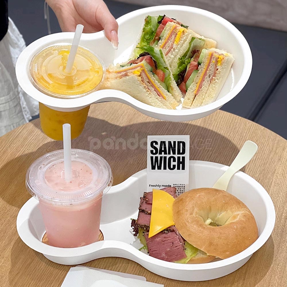 biodegradable paper pulp food tray with cup holder for sandwich and drinks