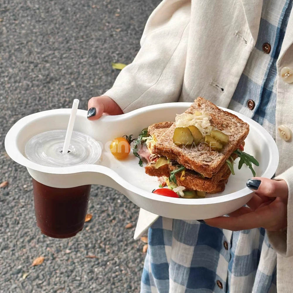 biodegradable paper pulp food tray with cup holder for sandwich and drinks