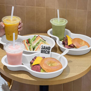biodegradable paper pulp food tray with cup holder for sandwich and drinks