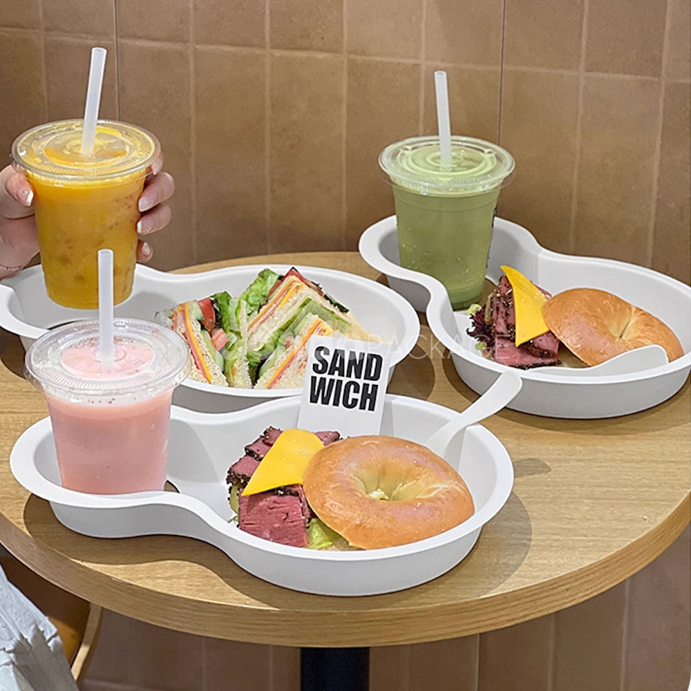 biodegradable paper pulp food tray with cup holder for sandwich and drinks