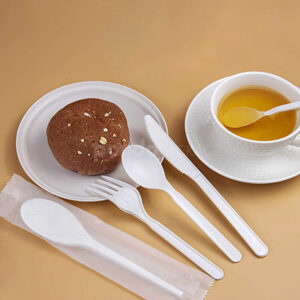 compostable biodegradable cutlery set with fork knife and spoon for takeaway packaging