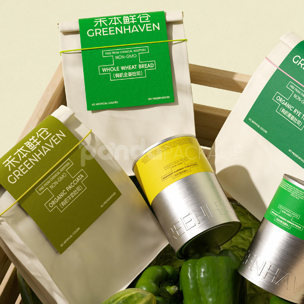 eco-friendly paper bags and aluminum tin cans for organic bread and juice packaging