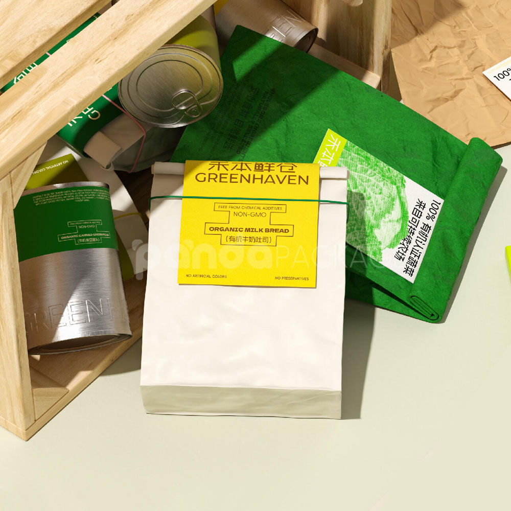 eco-friendly paper bags and aluminum tin cans for organic bread and juice packaging