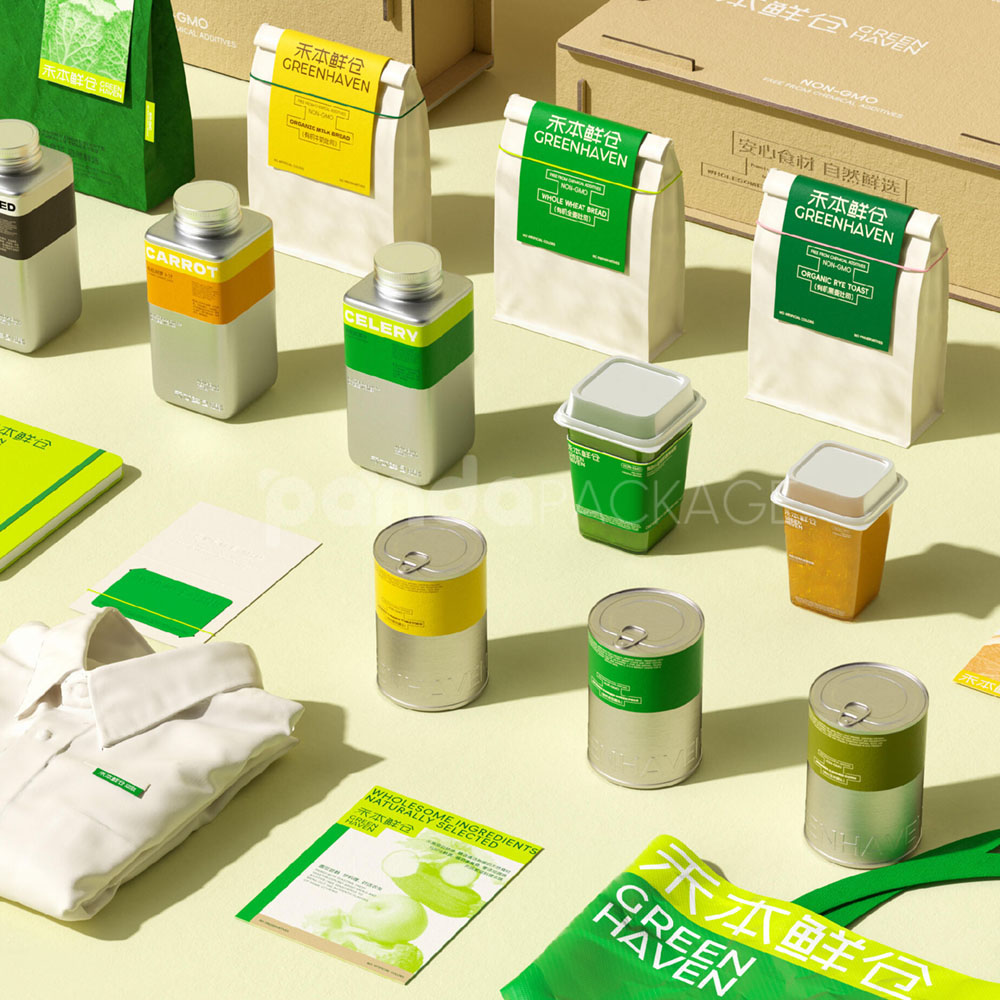 eco-friendly paper bags and aluminum tin cans for organic bread and juice packaging