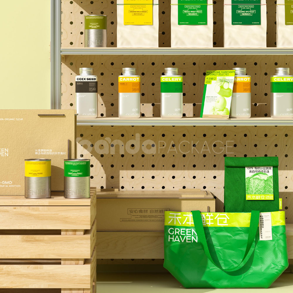 eco-friendly paper bags and aluminum tin cans for organic bread and juice packaging