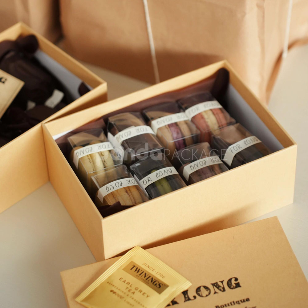 eco-friendly kraft paperboard dessert packaging box for macarons, cookies, and cakes