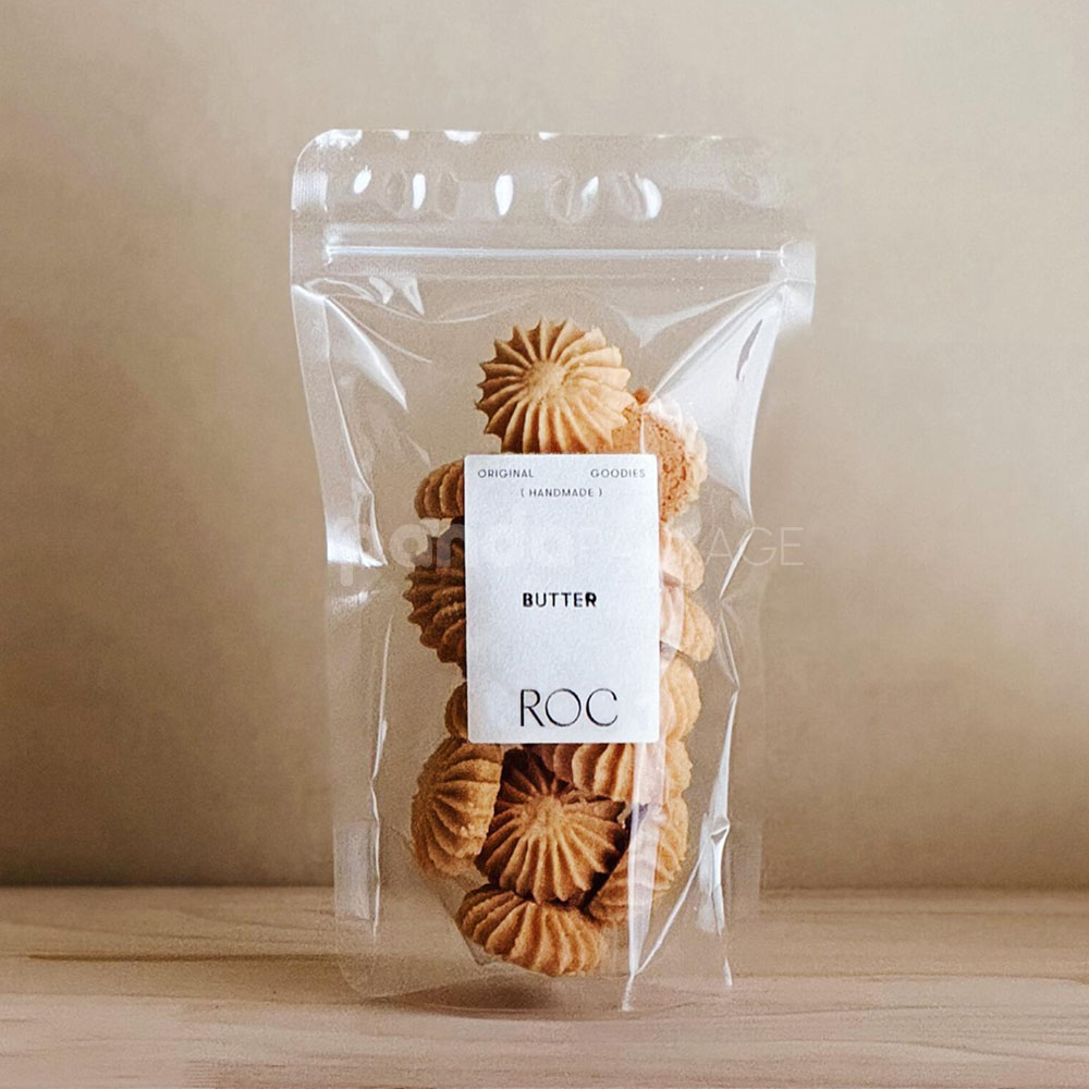 clear stand-up zipper pouch for bakery cookies and snacks packaging