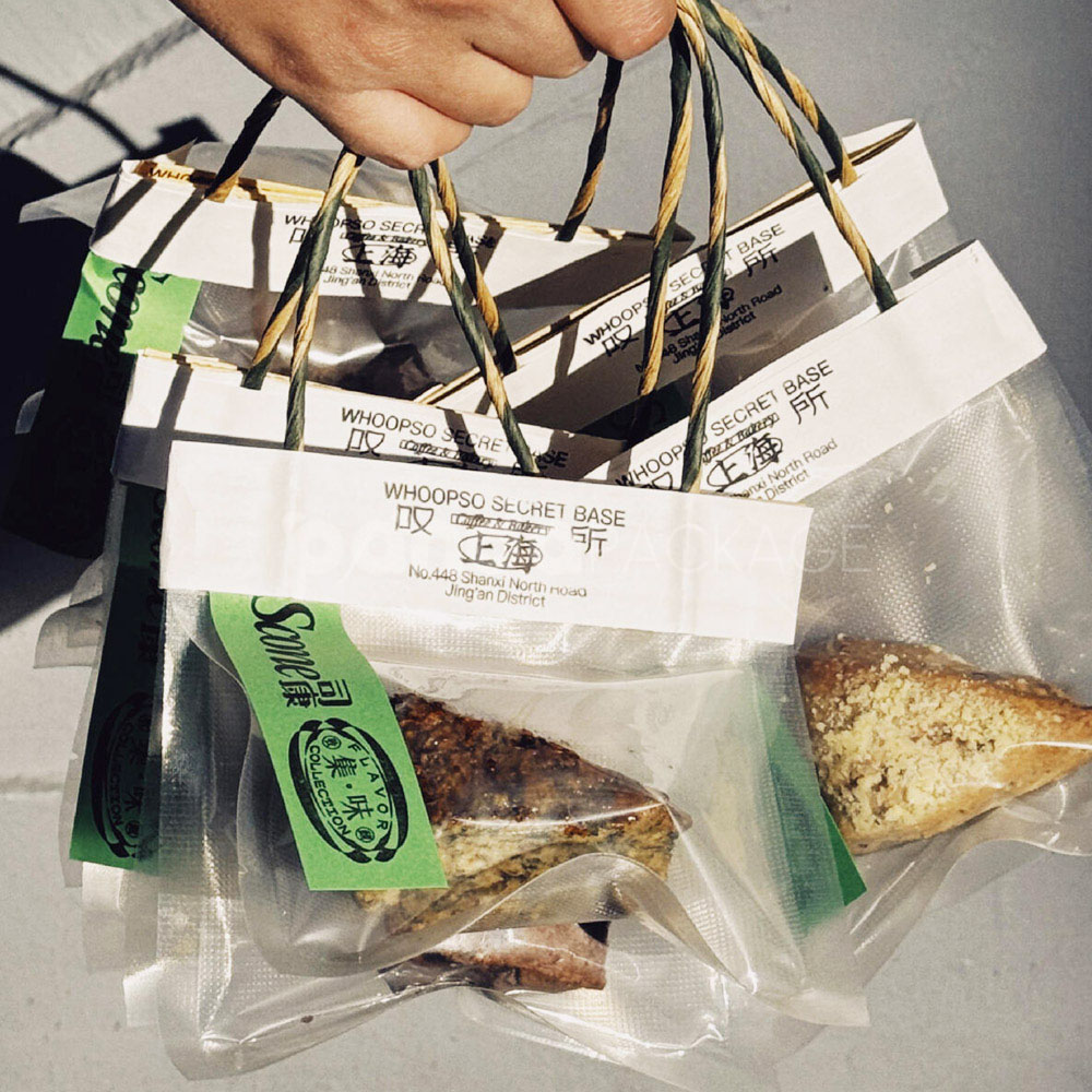 clear hanging bakery bag with paper header and rope handle for food packaging