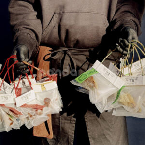 clear hanging bakery bag with paper header and rope handle for food packaging