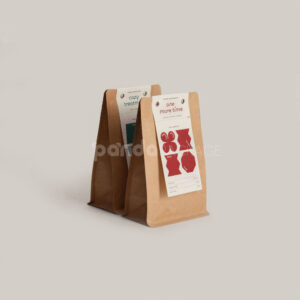 kraft flat bottom coffee bag with label tag design for specialty coffee packaging