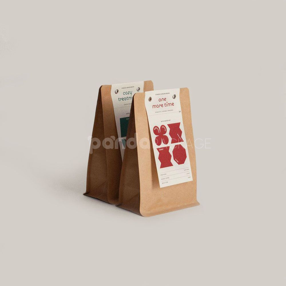kraft flat bottom coffee bag with label tag design for specialty coffee packaging