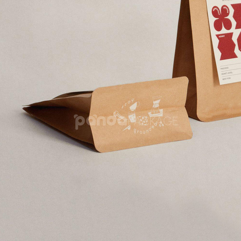 kraft flat bottom coffee bag with label tag design for specialty coffee packaging
