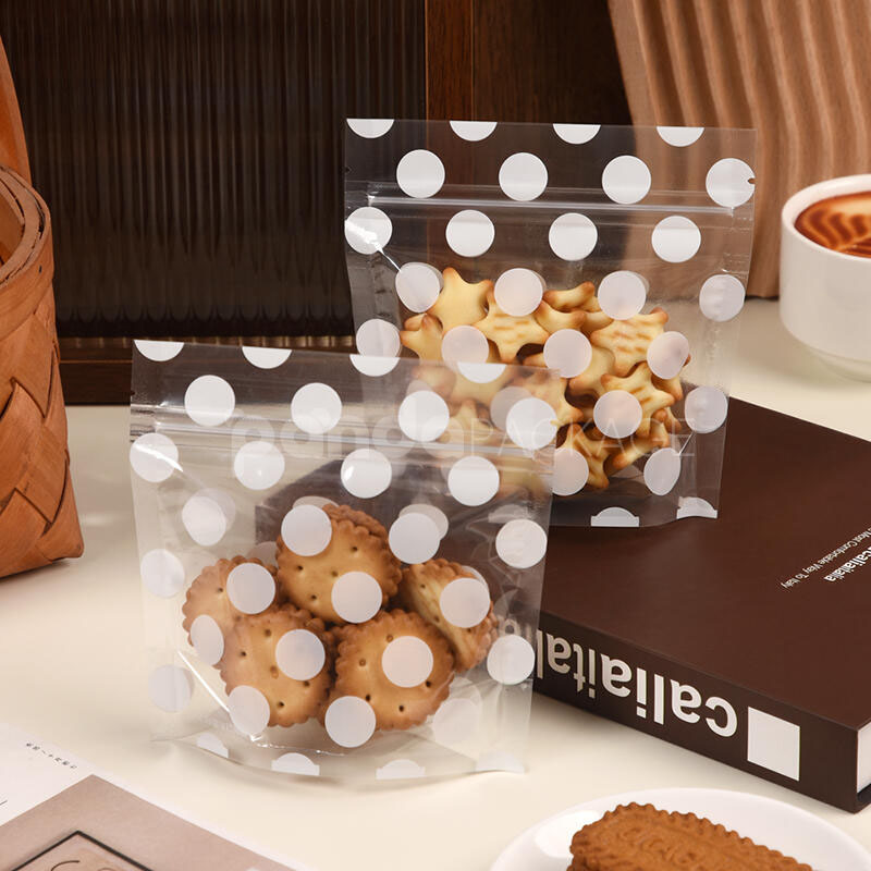 clear polka dot stand-up zipper pouch for cookie and snack packaging