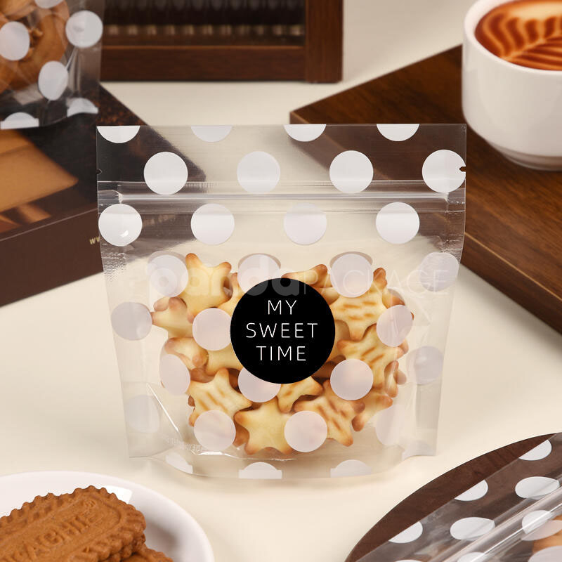clear polka dot stand-up zipper pouch for cookie and snack packaging