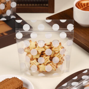 clear polka dot stand-up zipper pouch for cookie and snack packaging