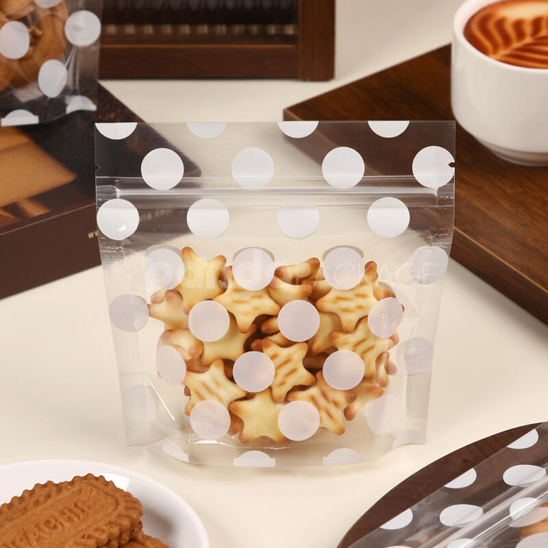 clear polka dot stand-up zipper pouch for cookie and snack packaging