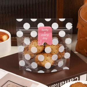 clear polka dot stand-up zipper pouch for cookie and snack packaging