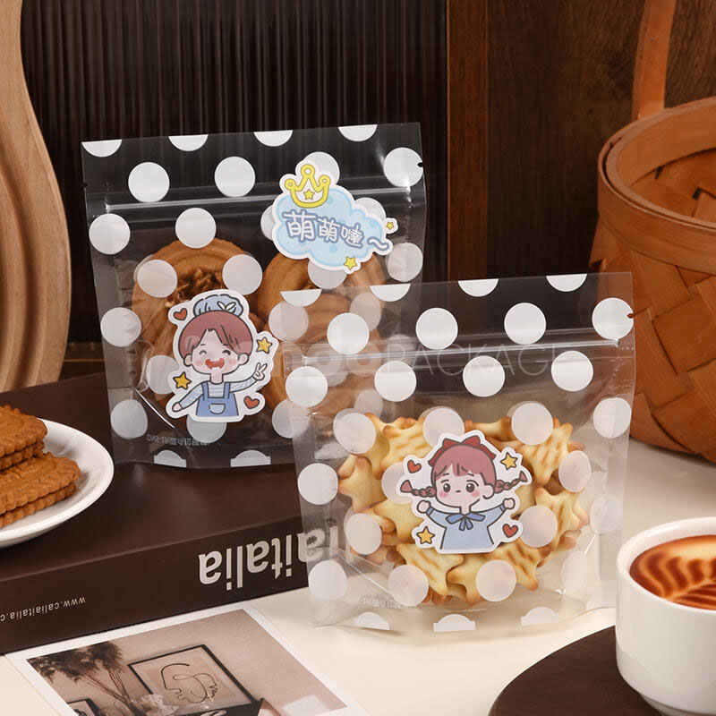 clear polka dot stand-up zipper pouch for cookie and snack packaging
