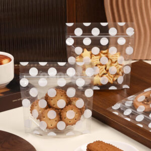 clear polka dot stand-up zipper pouch for cookie and snack packaging