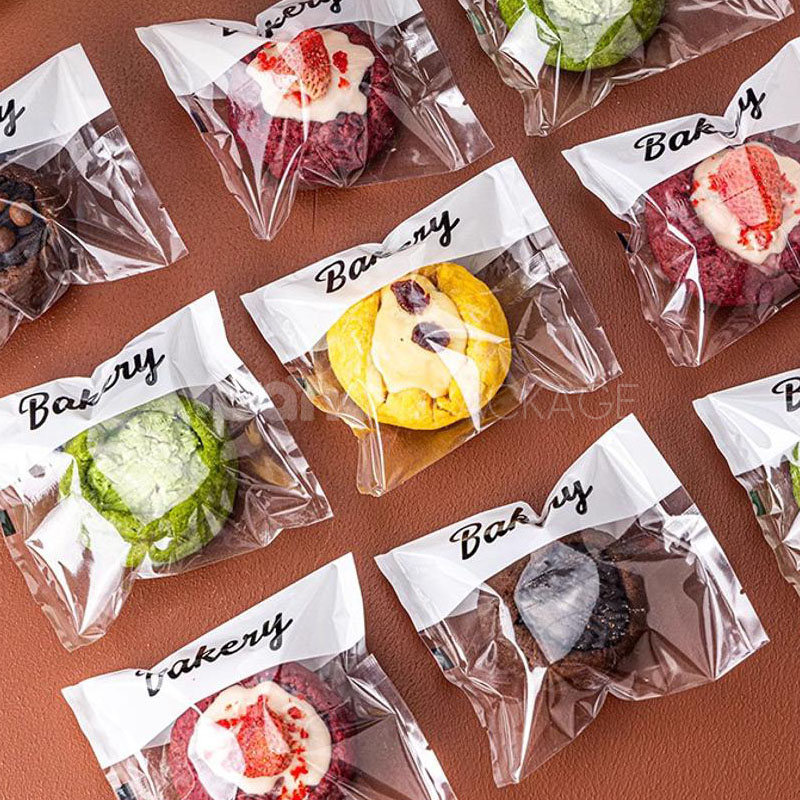 printed heat-sealed clear plastic bakery bags for cookies, bread and desserts packaging