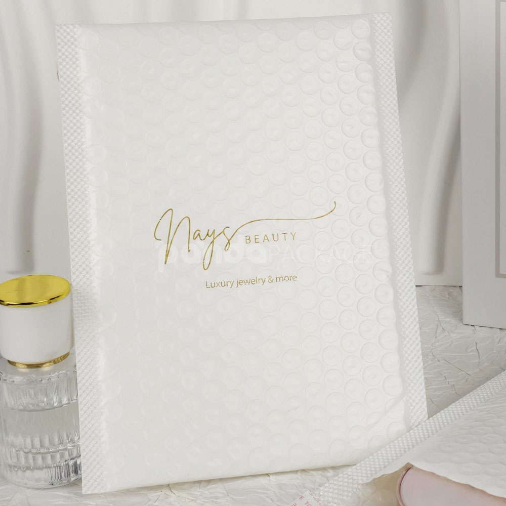 white bubble mailer bags with printed logo for jewelry, cosmetics and gift packaging