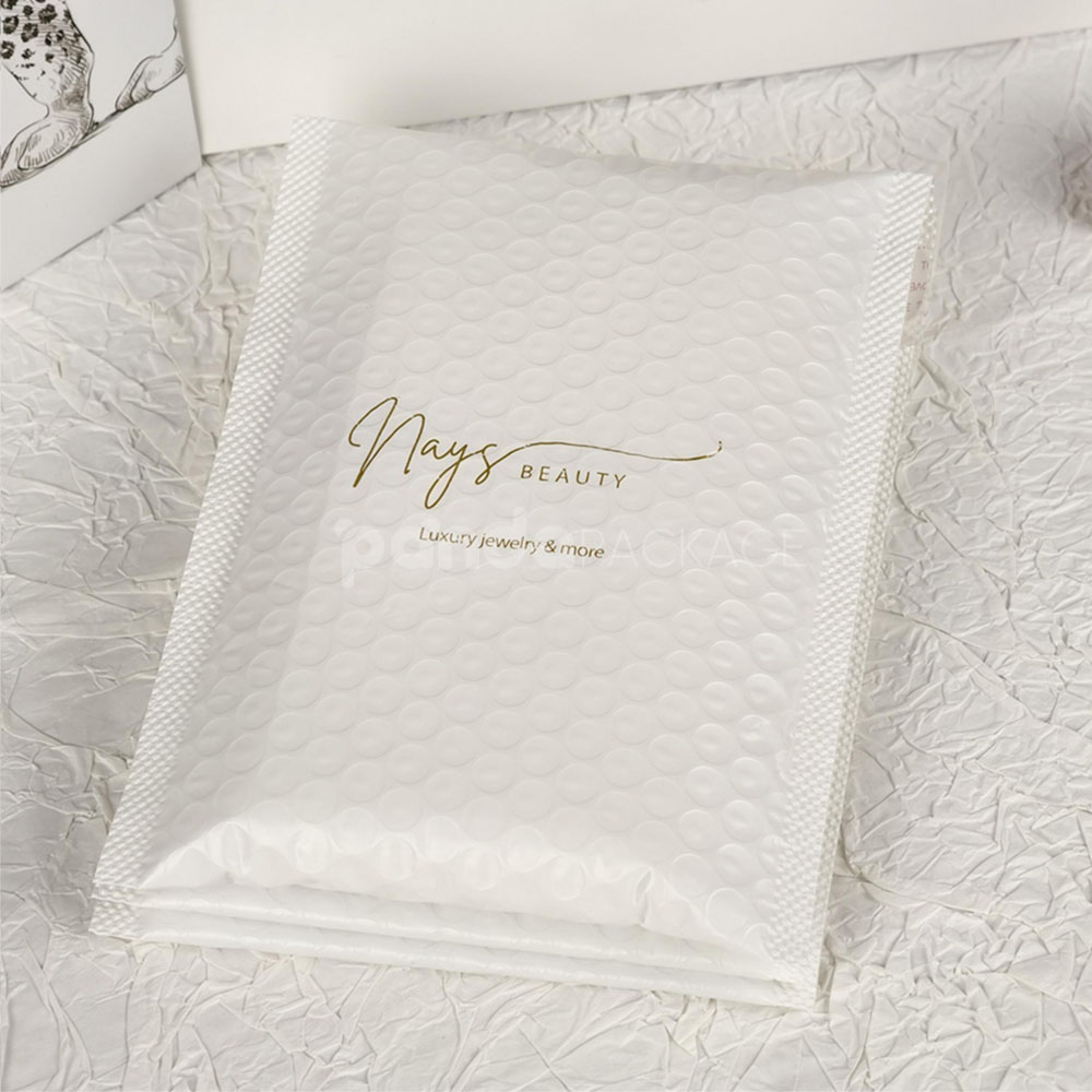 white bubble mailer bags with printed logo for jewelry, cosmetics and gift packaging