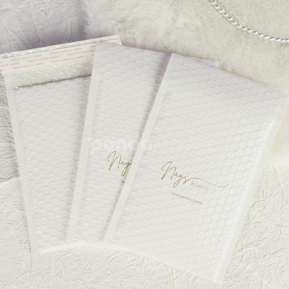 white bubble mailer bags with printed logo for jewelry, cosmetics and gift packaging