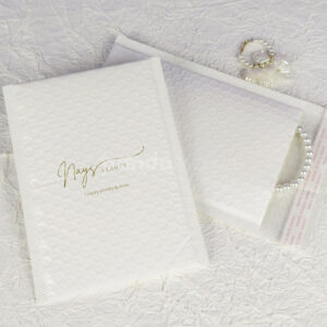 white bubble mailer bags with printed logo for jewelry, cosmetics and gift packaging