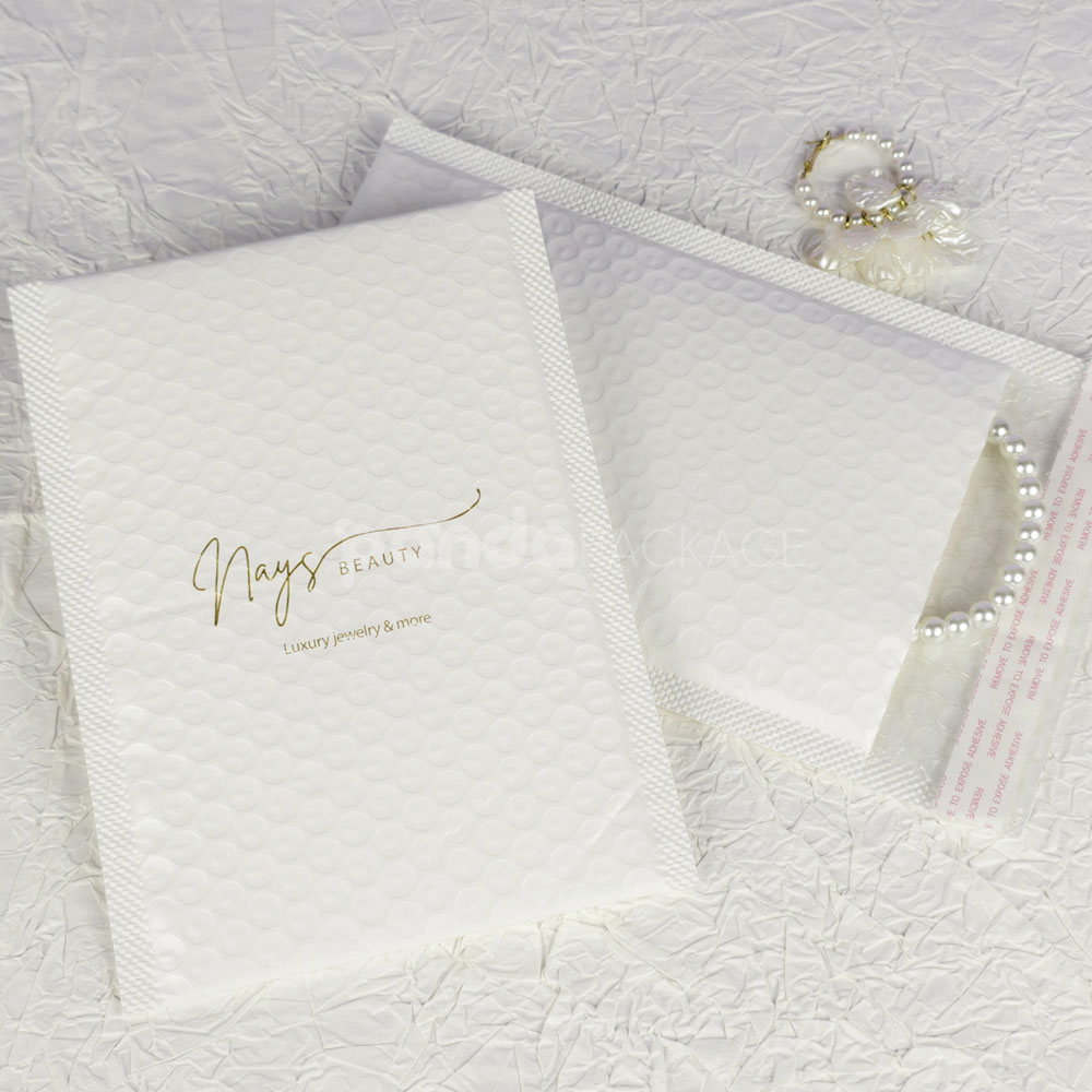 white bubble mailer bags with printed logo for jewelry, cosmetics and gift packaging