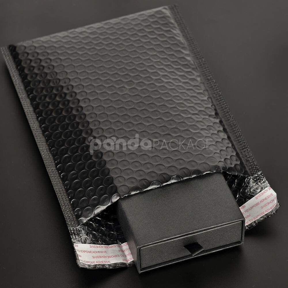 black bubble mailer bags with printed logo for jewelry, cosmetics and gift packaging