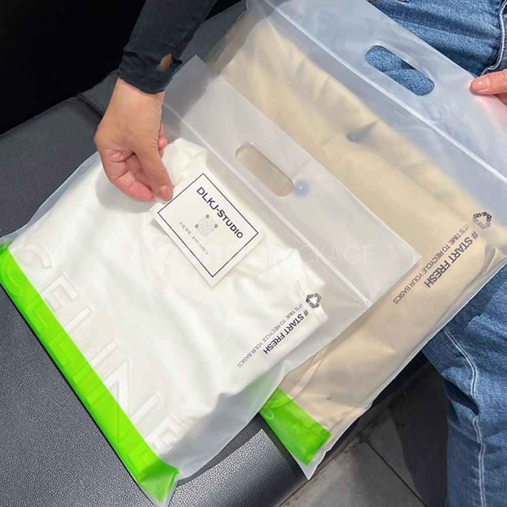 frosted zip lock clothing packaging bags with die-cut handle for apparel retail and shipping