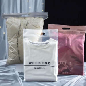 transparent zip lock apparel packaging bags in multiple colors with die-cut handle