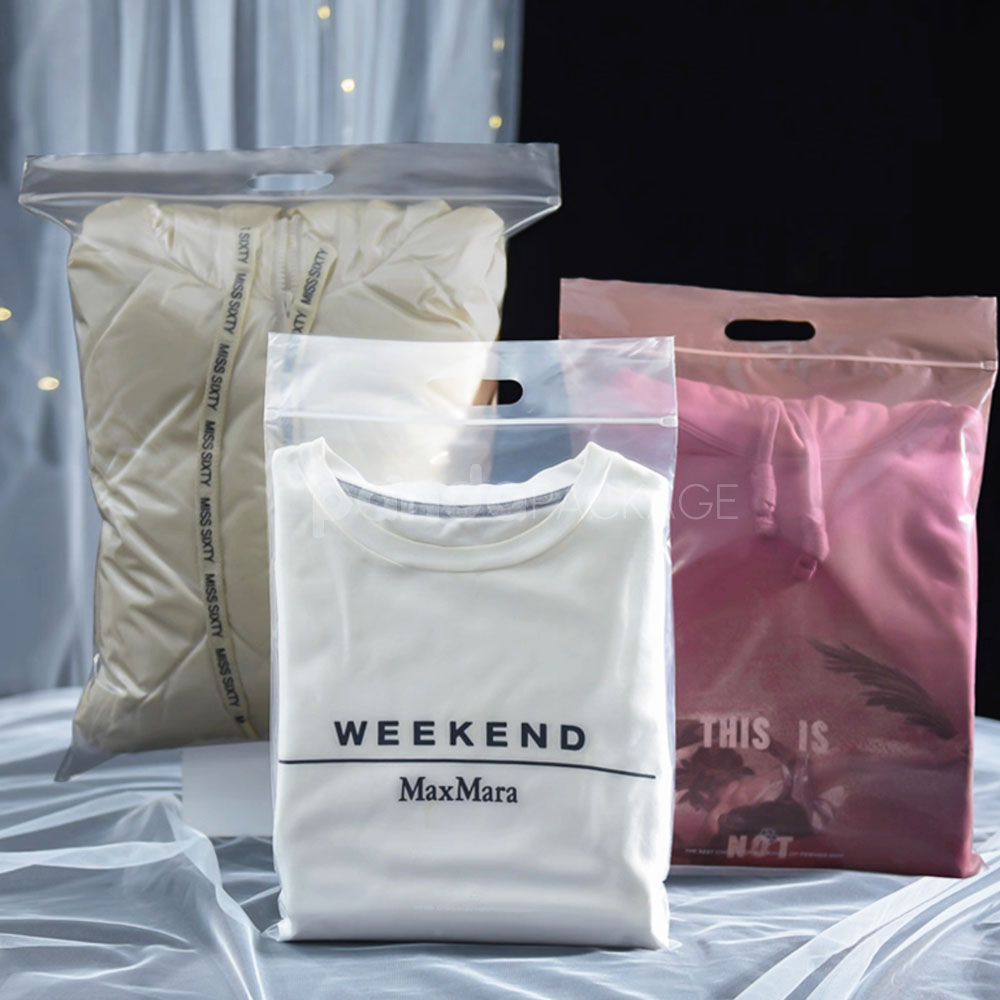 transparent zip lock apparel packaging bags in multiple colors with die-cut handle