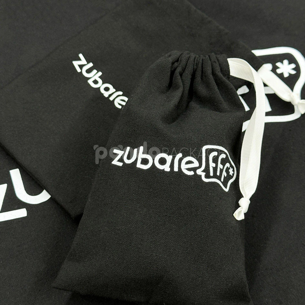 black cotton drawstring pouch bags for apparel and clothing packaging