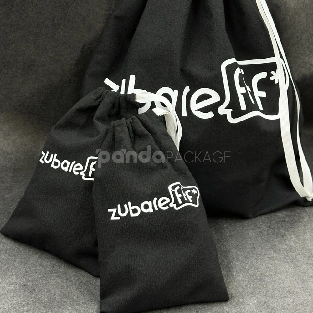 black cotton drawstring pouch bags for apparel and clothing packaging