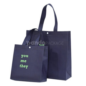 minimalist non-woven tote bags with reinforced handles and printed design, available in multiple colors and custom sizes for apparel and retail packaging
