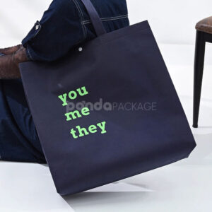 minimalist non-woven tote bags with reinforced handles and printed design, available in multiple colors and custom sizes for apparel and retail packaging