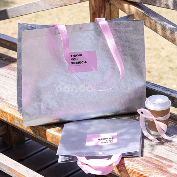 Silver Foil Non-Woven Tote Bags with Fabric or Plastic Handles for Apparel and Gift Packaging